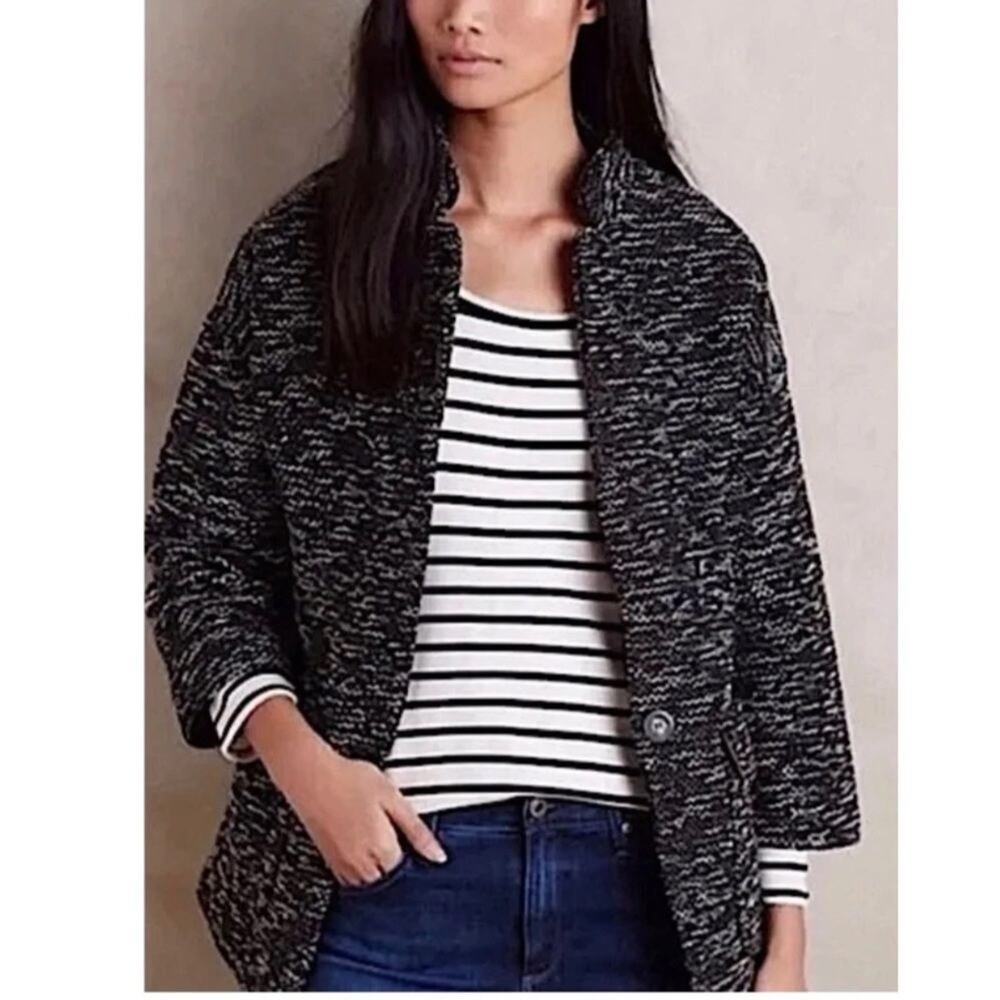 Anthropologie Elevenses Minka Coat Jacket Size S Marled Black White Boucle Tweed